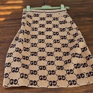 Gucci Beige and Brown Logo A-Line Wool Blend Skirt